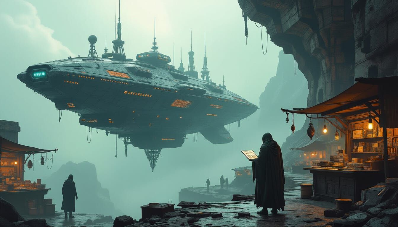Nebula Merchant Vessel with Alien Tech in Sci-Fi Style