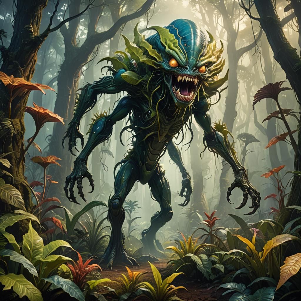 Alien Man-Eating Plants in Colorful Forest, Detailed Matte P...