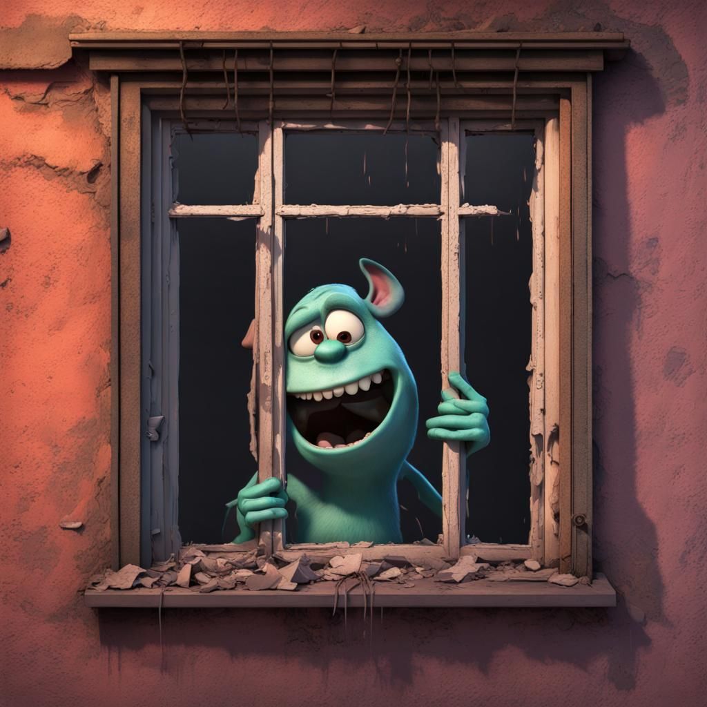 Eerie Creature Peeks Through Window: 3D Digital Art