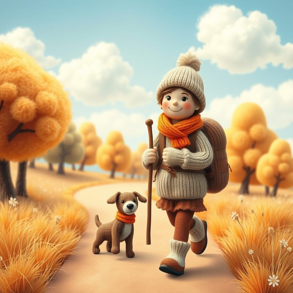 Whimsical Woolen Hiker Embarks on Cozy Autumn Adventure
