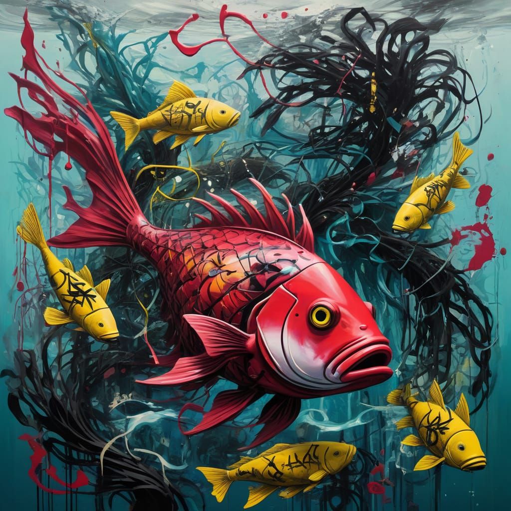 Chaotic Underwater Graffiti Art in Neo-Expressionism Style