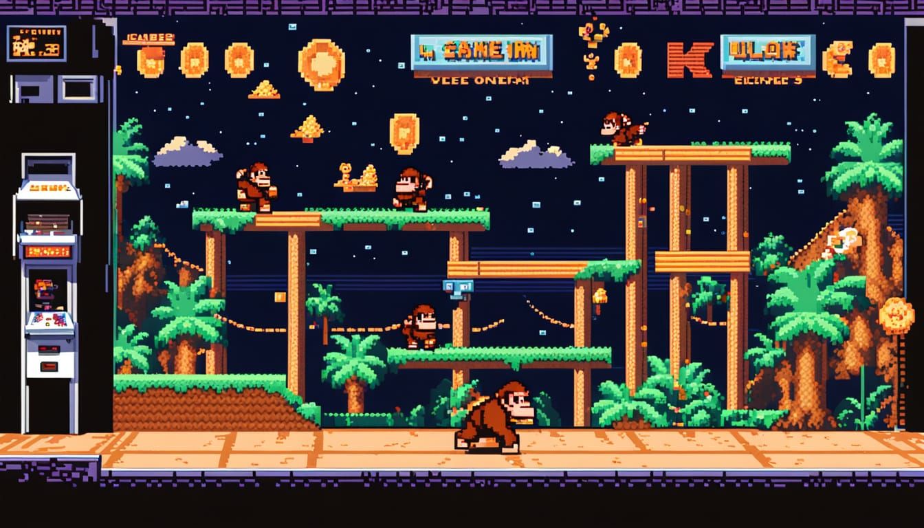 8-Bit Donkey Kong Arcade Scene with Acid Ink Style
