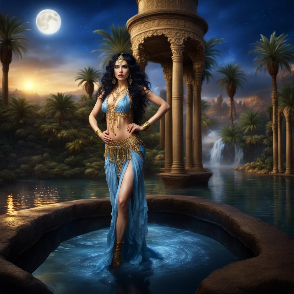 Persian Princess Belly Dancing in Oasis Under Moonlight
