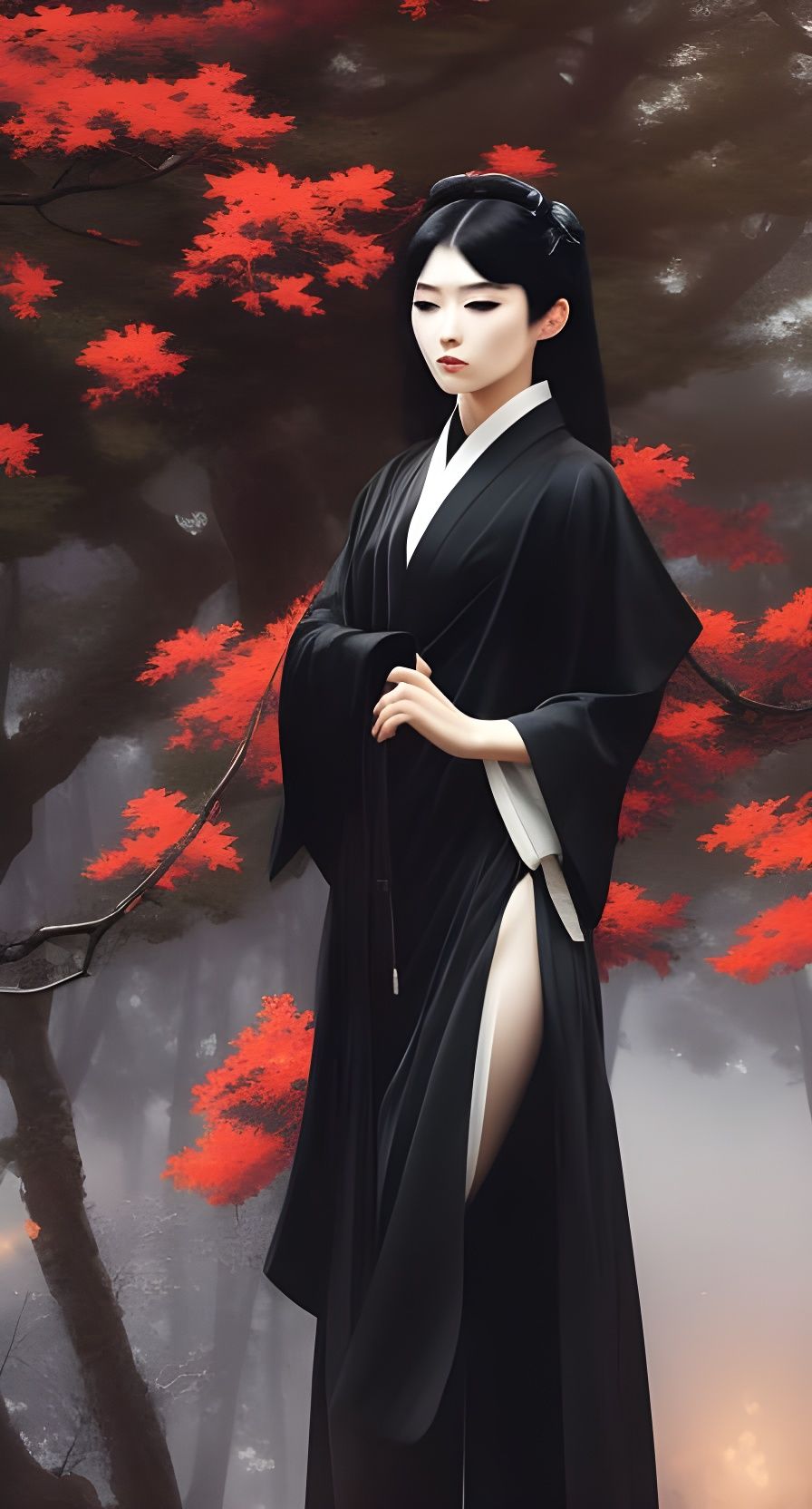 Japanese Goth Woman in Kimono: Art Nouveau Portrait