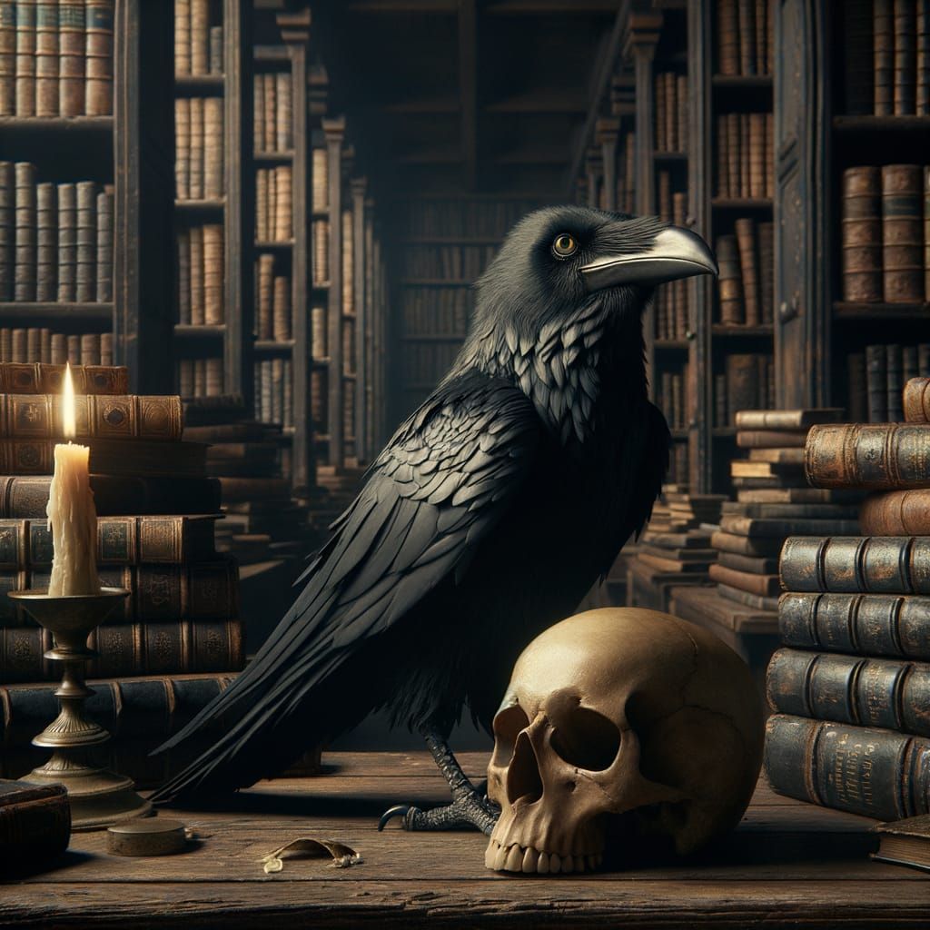 Raven Perched on Skull in Antique Library