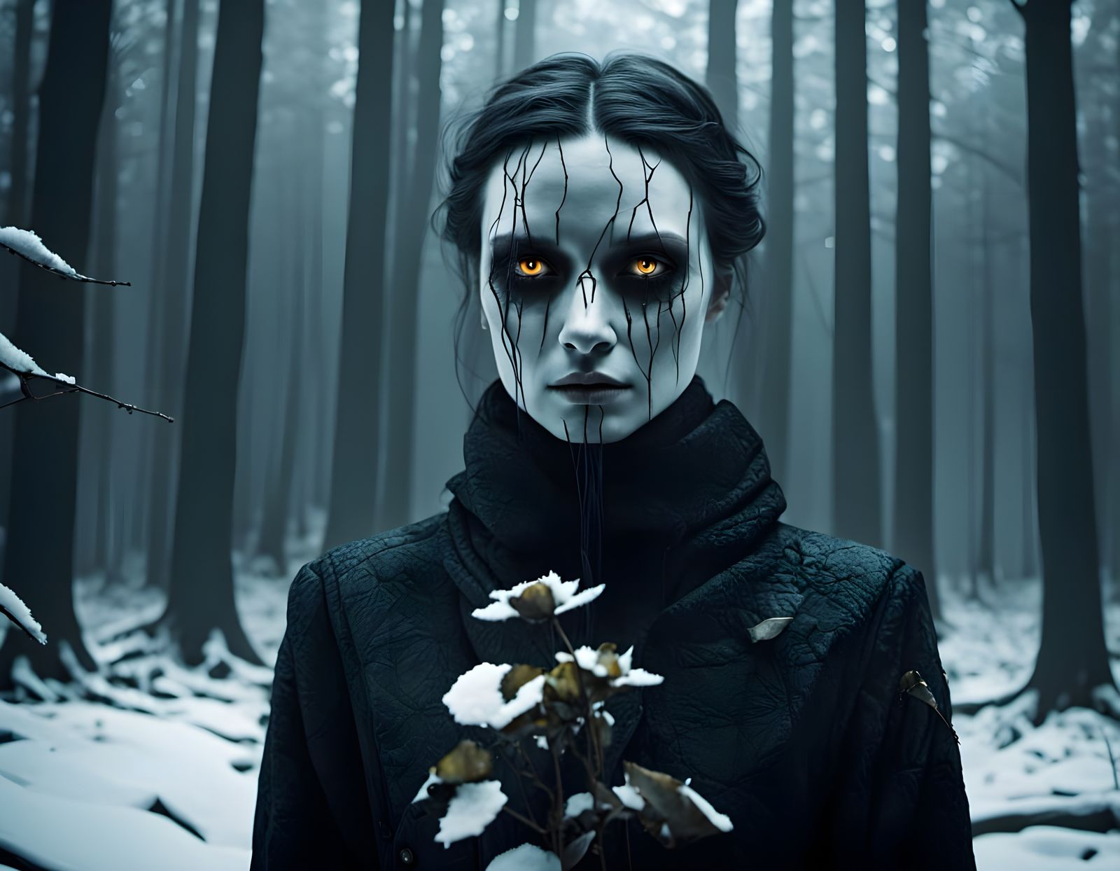 Android in Snowy Forest: Beksiński and Caravaggio Style