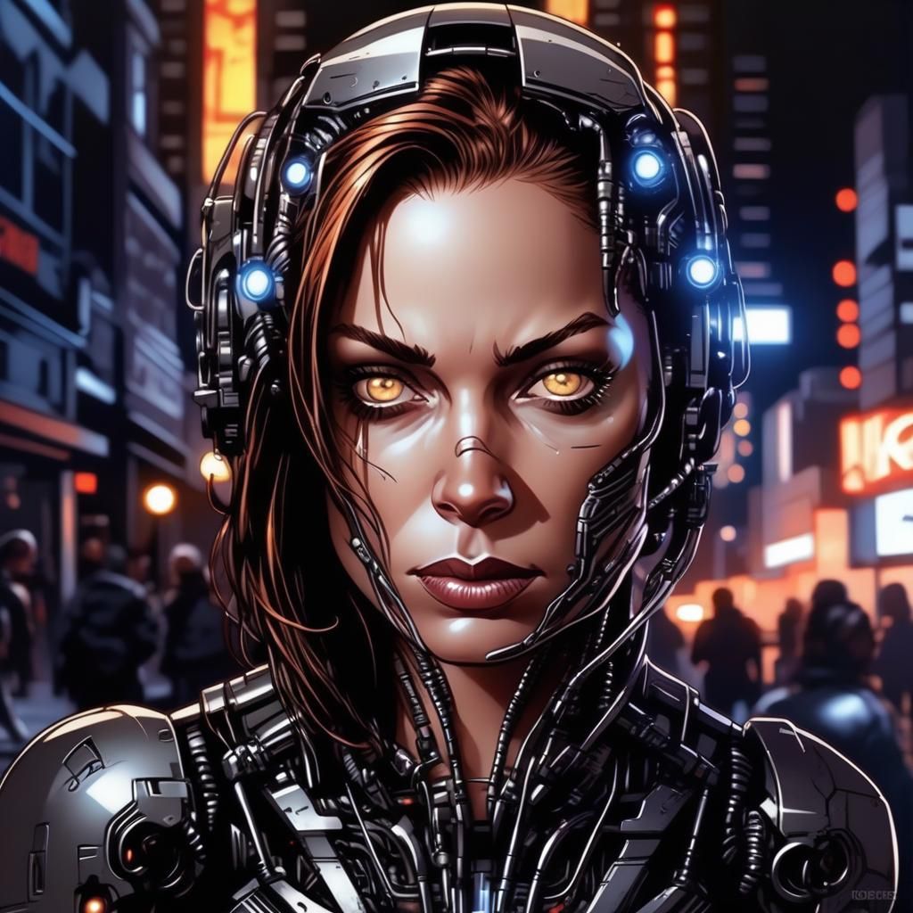 Female Cyborg in Cityscape Comic Book Art