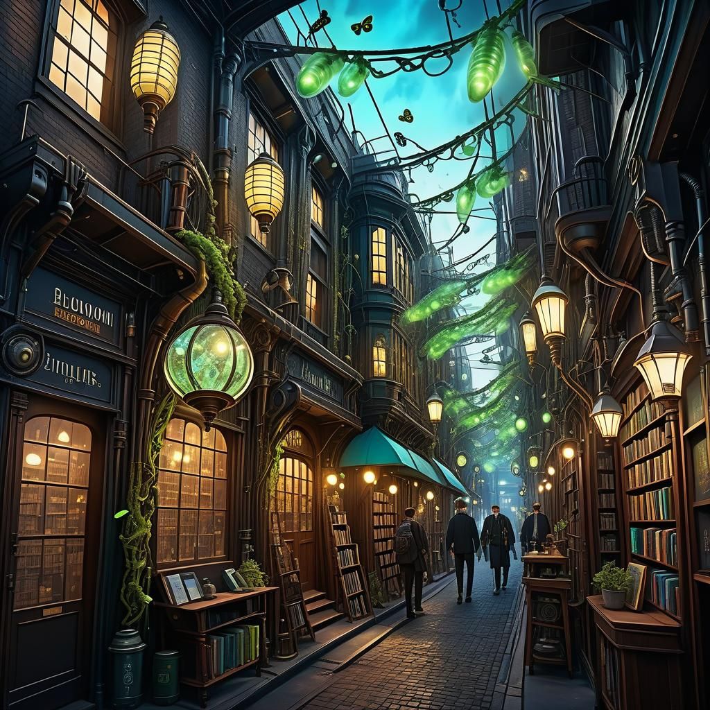 Biopunk Steampunk Alleyway with Bioluminescent Vines