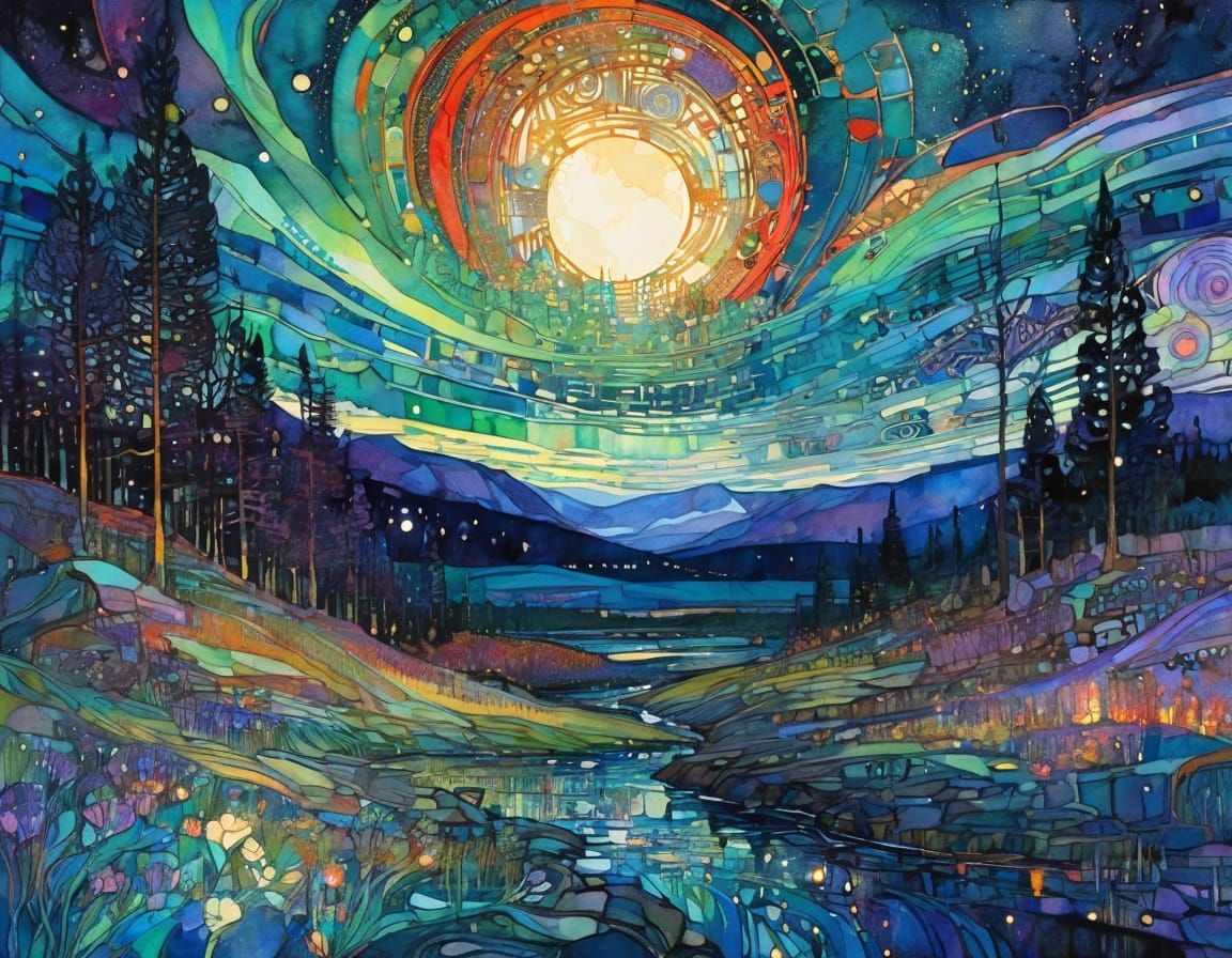 Aurora Borealis: Ink and Watercolor Art Nouveau