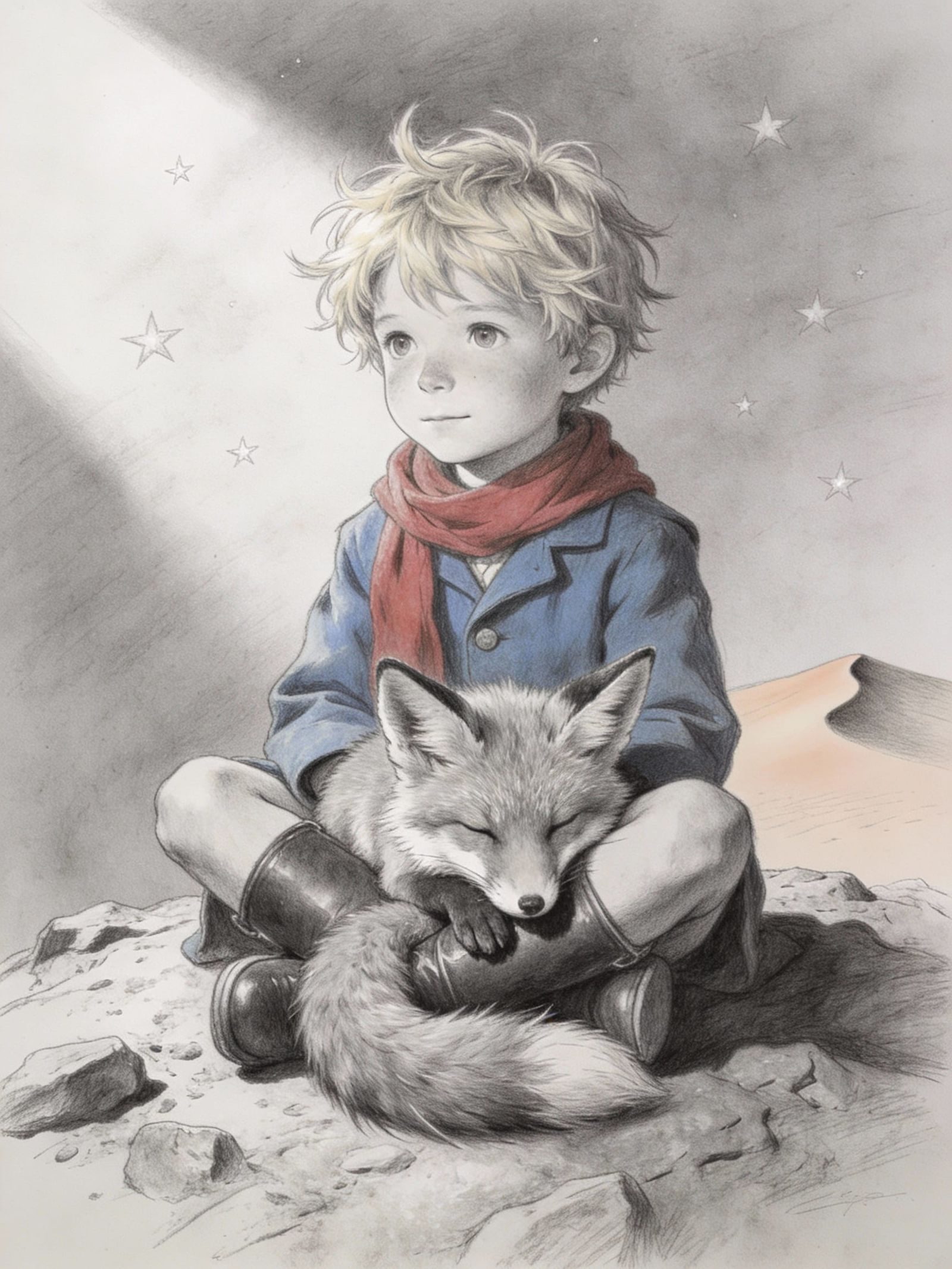 The Little Prince and Fox Graphite Drawing