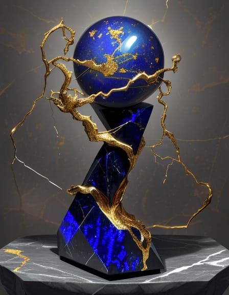 Surreal Lapis Lazuli Heart with Marble Faces and Glowing Cra...