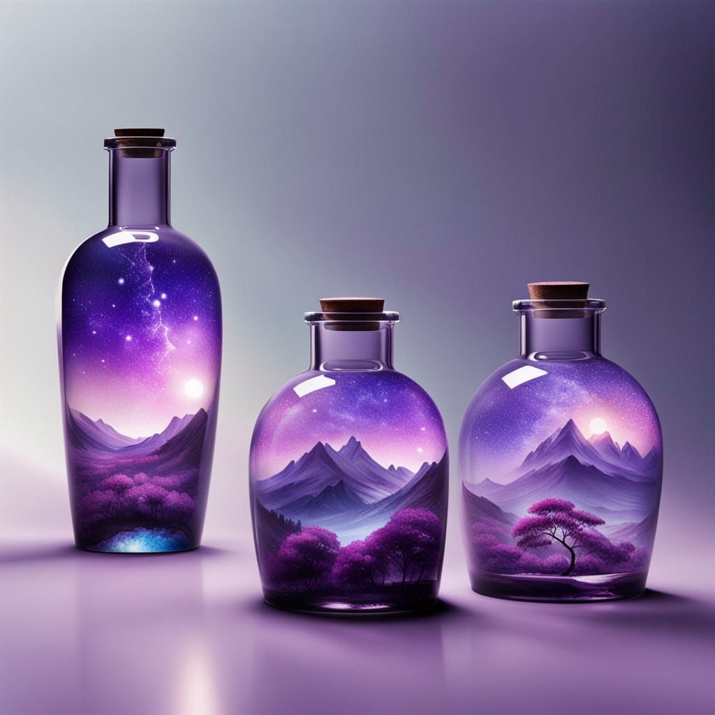 Purple Galaxy Landscape in a Glass Bottle