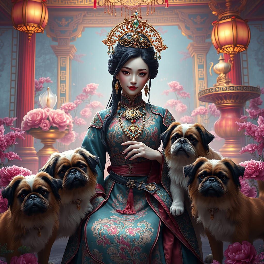 Chinese Empress in Opulent Regalia with Majestic Shih Tzu Co...