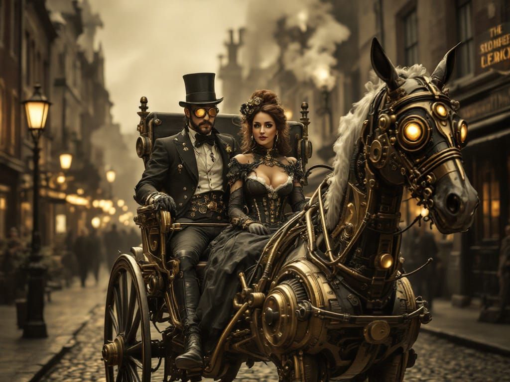 Steampunk Couple in Victorian London Carriage