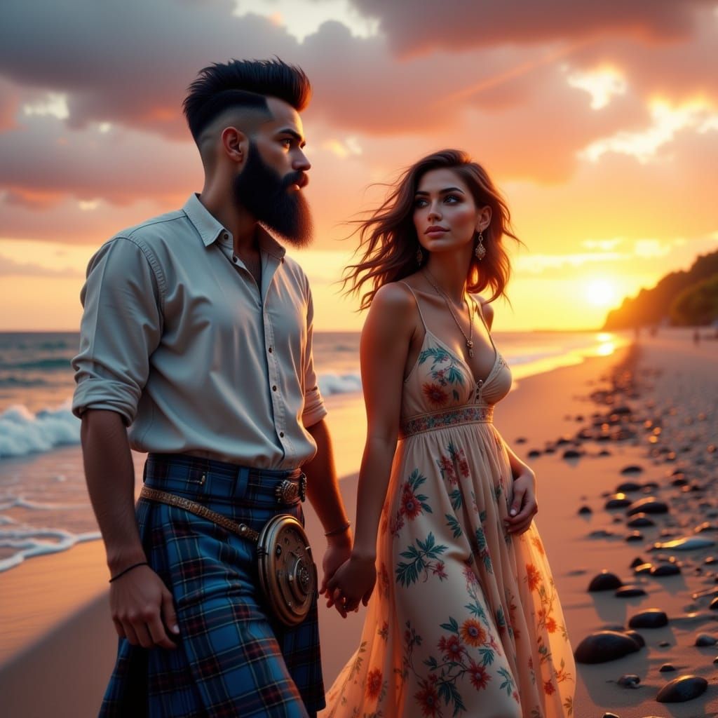 Serenely Elegant Couple Amidst Sunset Beach