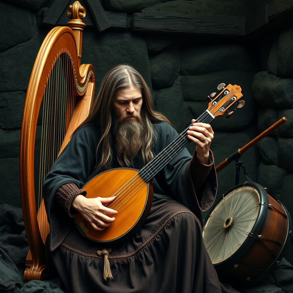 medieval, Celtic, lute, harp, flute, frame drum