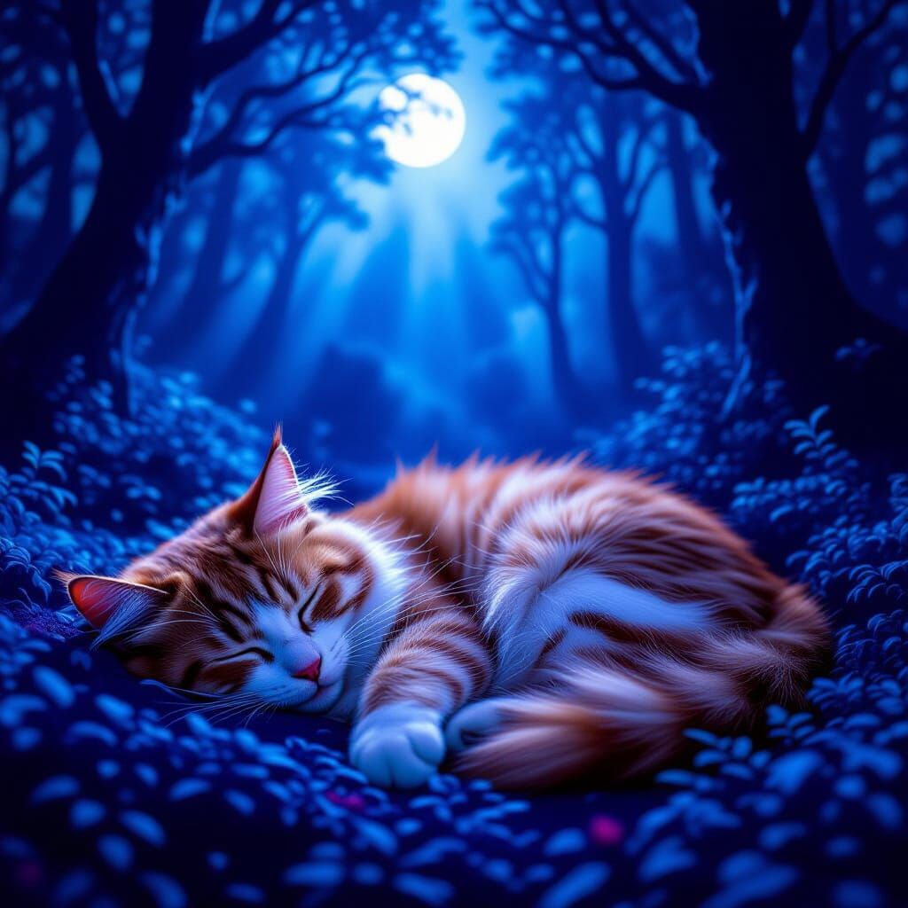 Sleeping Cat Merged with Moonlit Forest Landscape