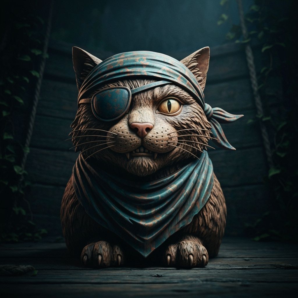 Pirate Cat Wood Carving in Shadowy, Expressive Style