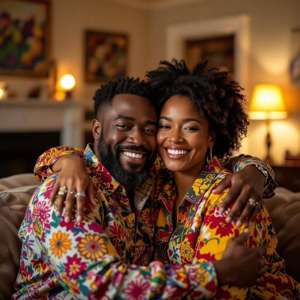 Happy Black Family Embracing at Home in Vibrant Colors