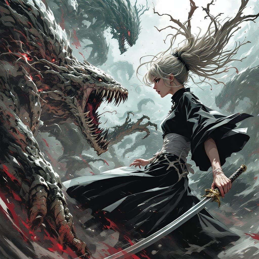 Surreal BLEACH MANGA Battle Scene in Cyberpunk Aesthetic