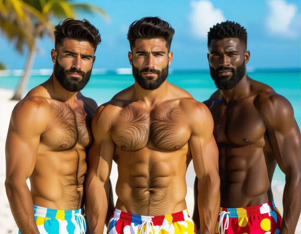 Joyful Men on a Blue Beach, in Magnum Photography Style