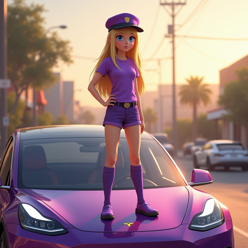 Girl in Purple Outfit on Purple Tesla