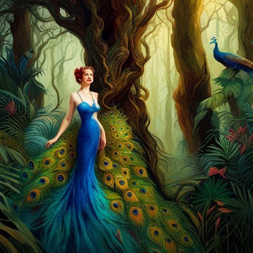 Elegant Peacock Goddess Digital Rendering