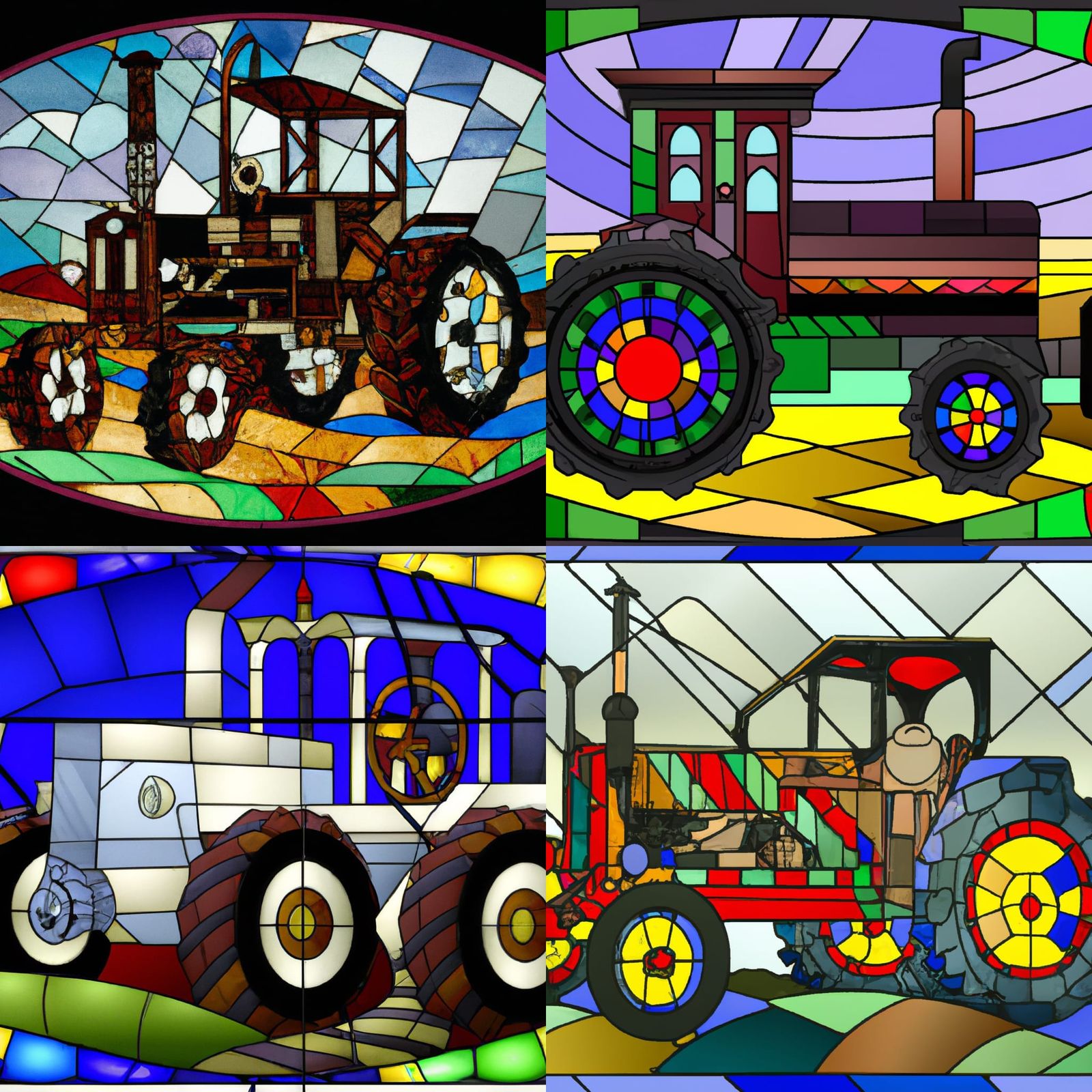 Tractor Tows Tank in Stained Glass Style