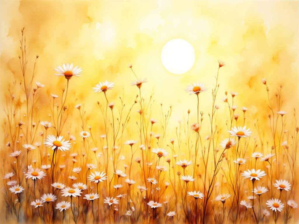 Golden Daisy Field at Sunset Watercolor Painting