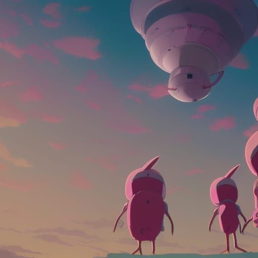 Pink Aliens Dancing on UFO: Studio Ghibli Anime
