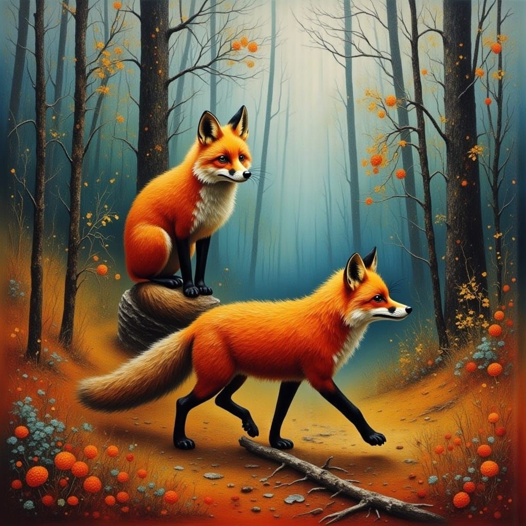 Red Fox in Coniferous Forest, Expressionist Oil Painting