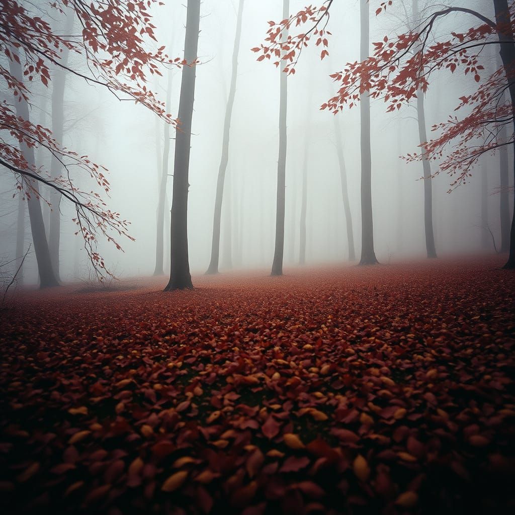 Foggy Autumn Forest with Vibrant Leaves