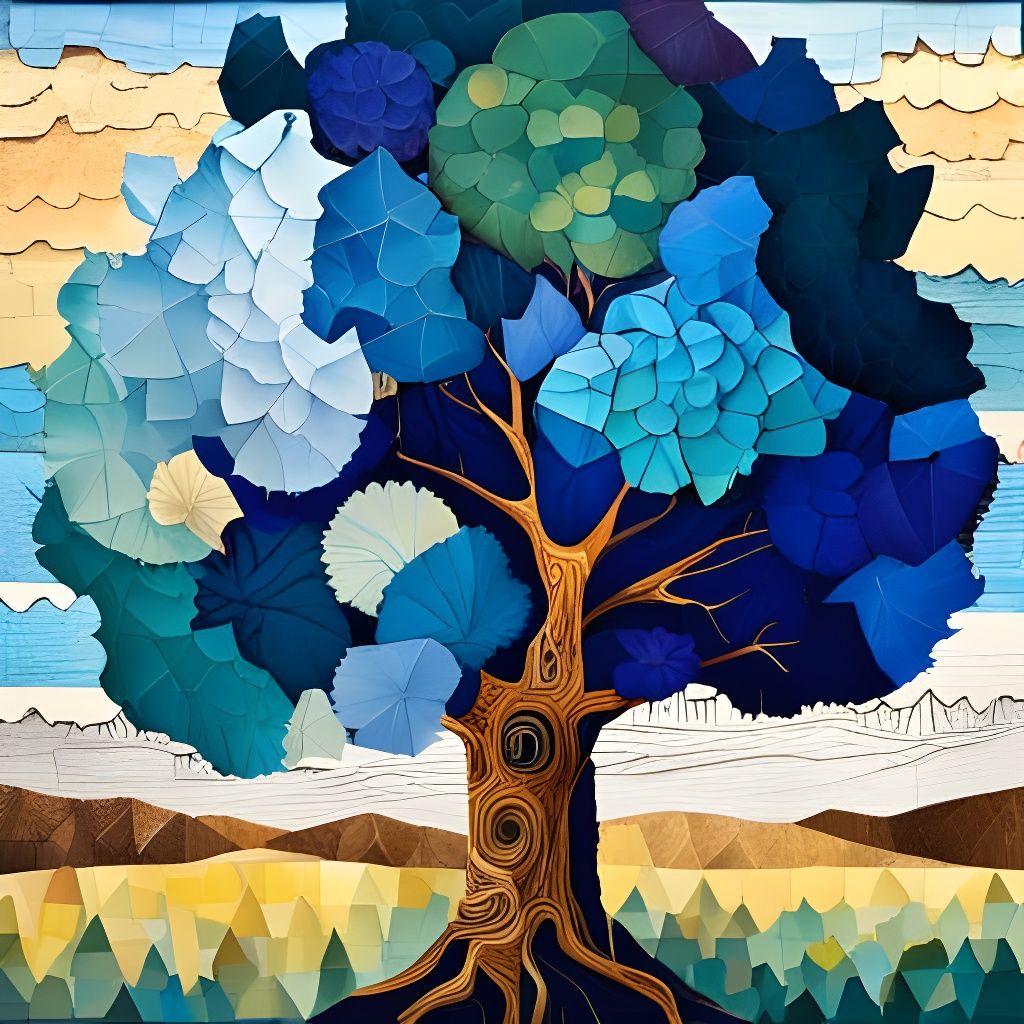 Blue Tree Collage with Gold Oil Paint