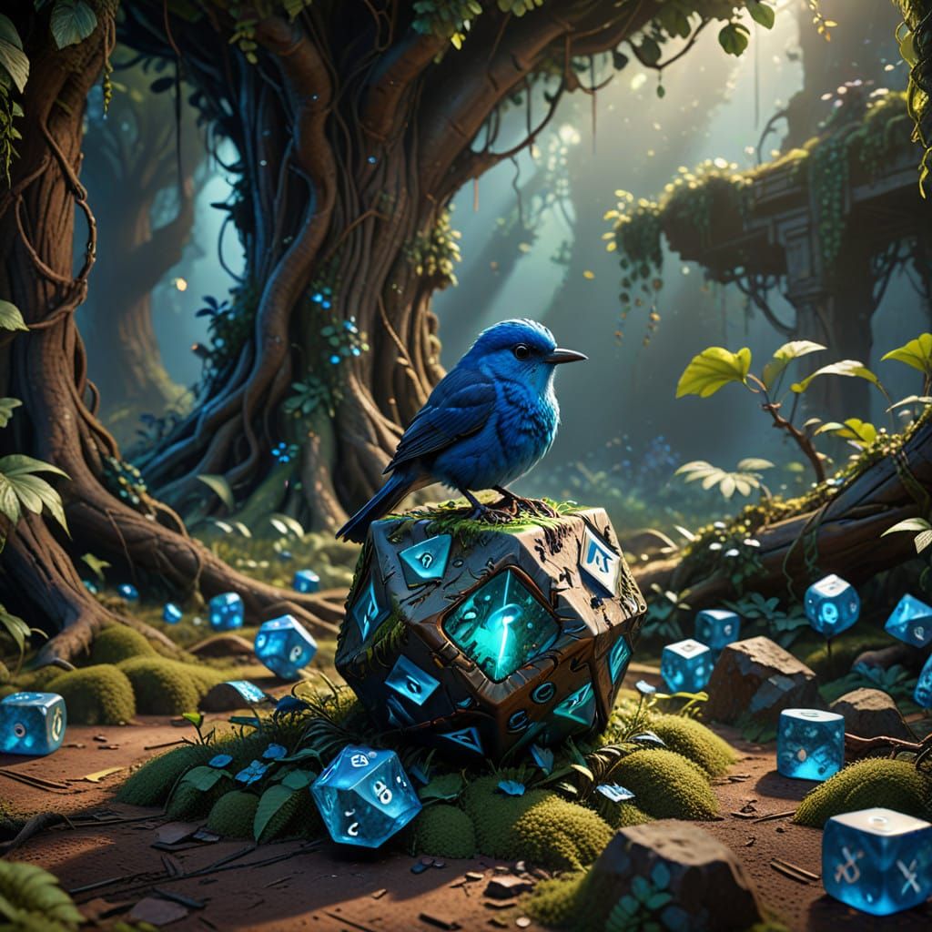 Mystical Forest Scene with Vibrant Blue Gemstone Dice and Bi...