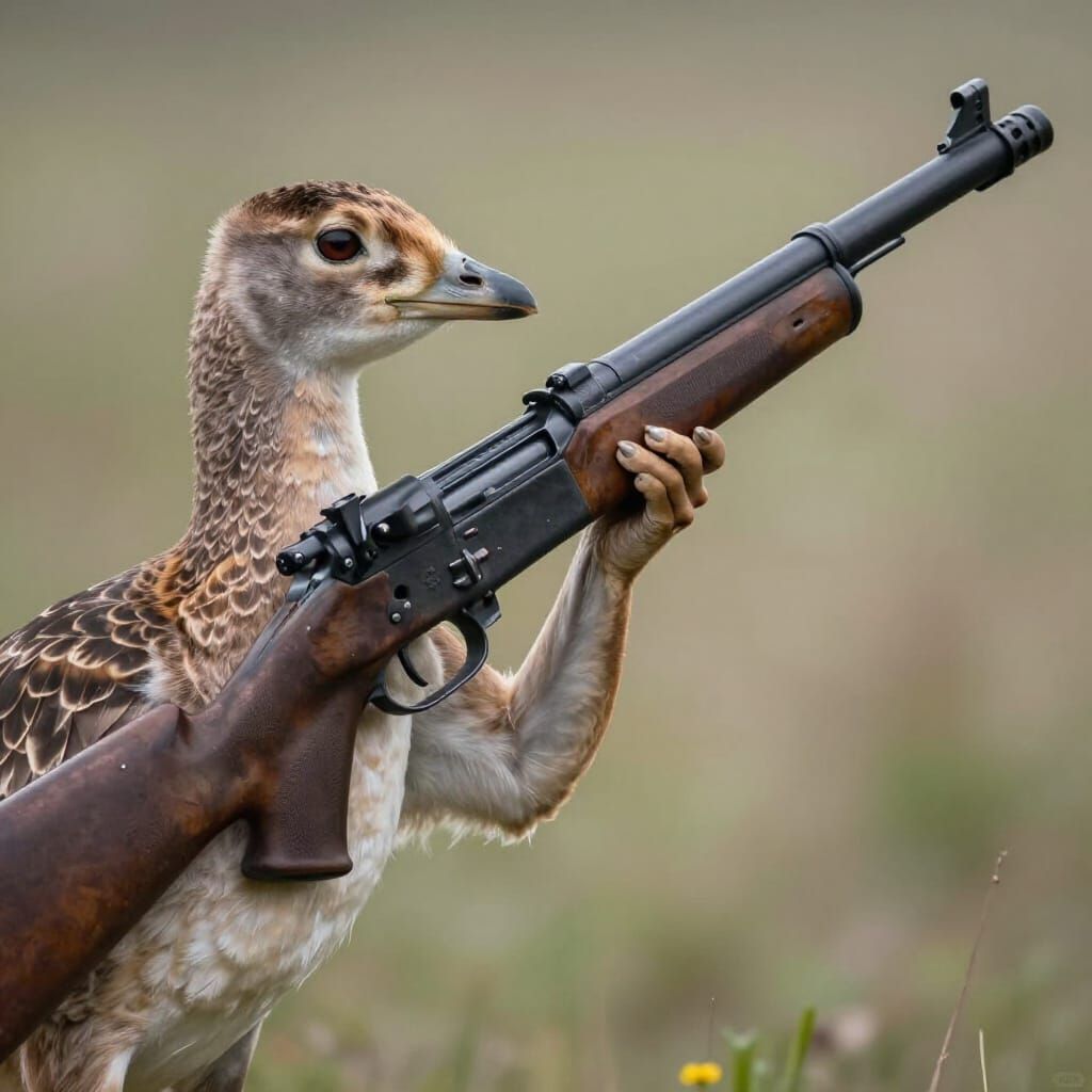 Realistic Goose Holding Bazooka in Cinematic Lighting