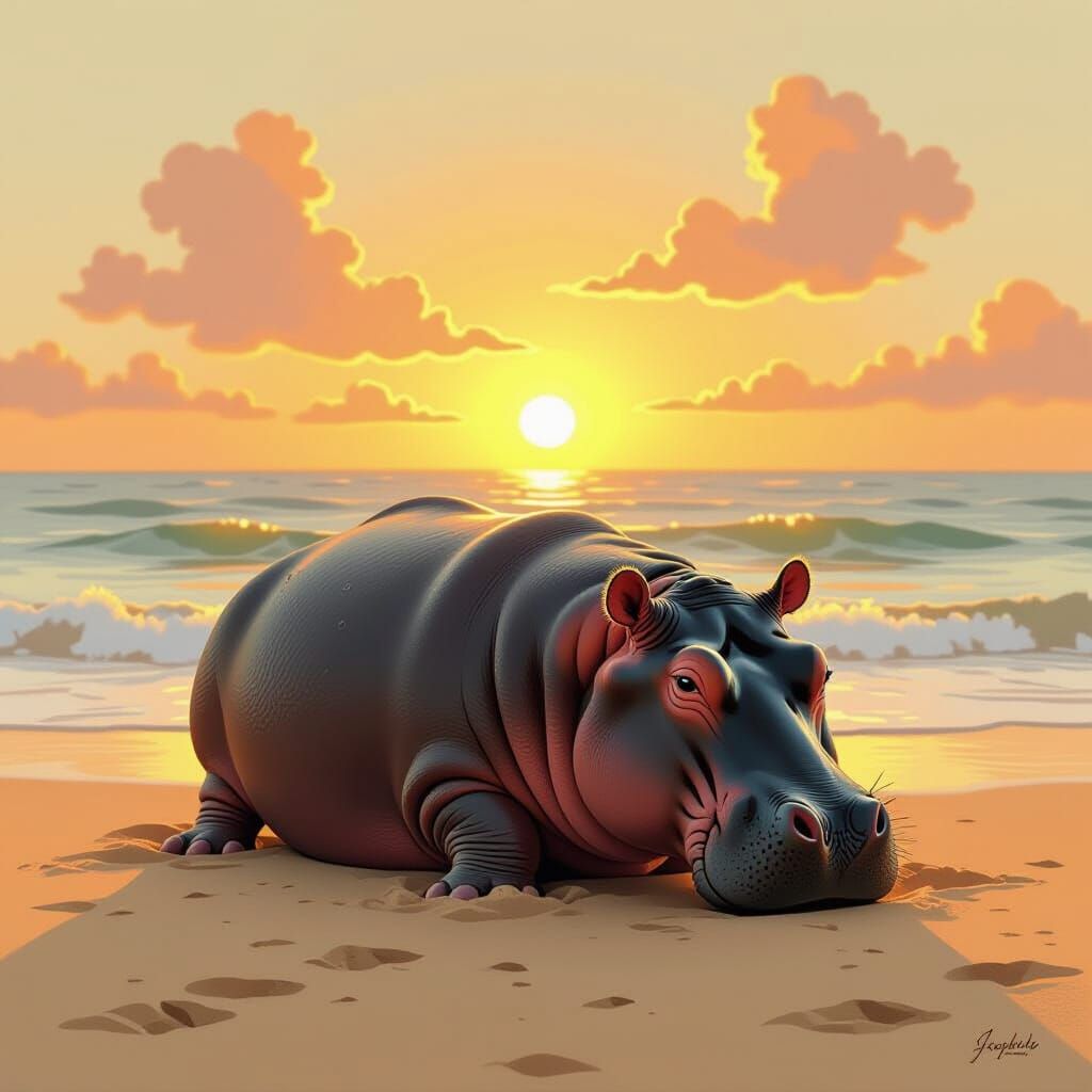 Whimsical Hippo on Beach at Sunset