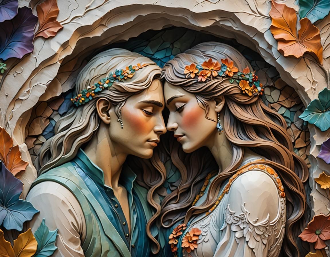 Art Nouveau Bas-Relief Sculpture of Embracing Couple