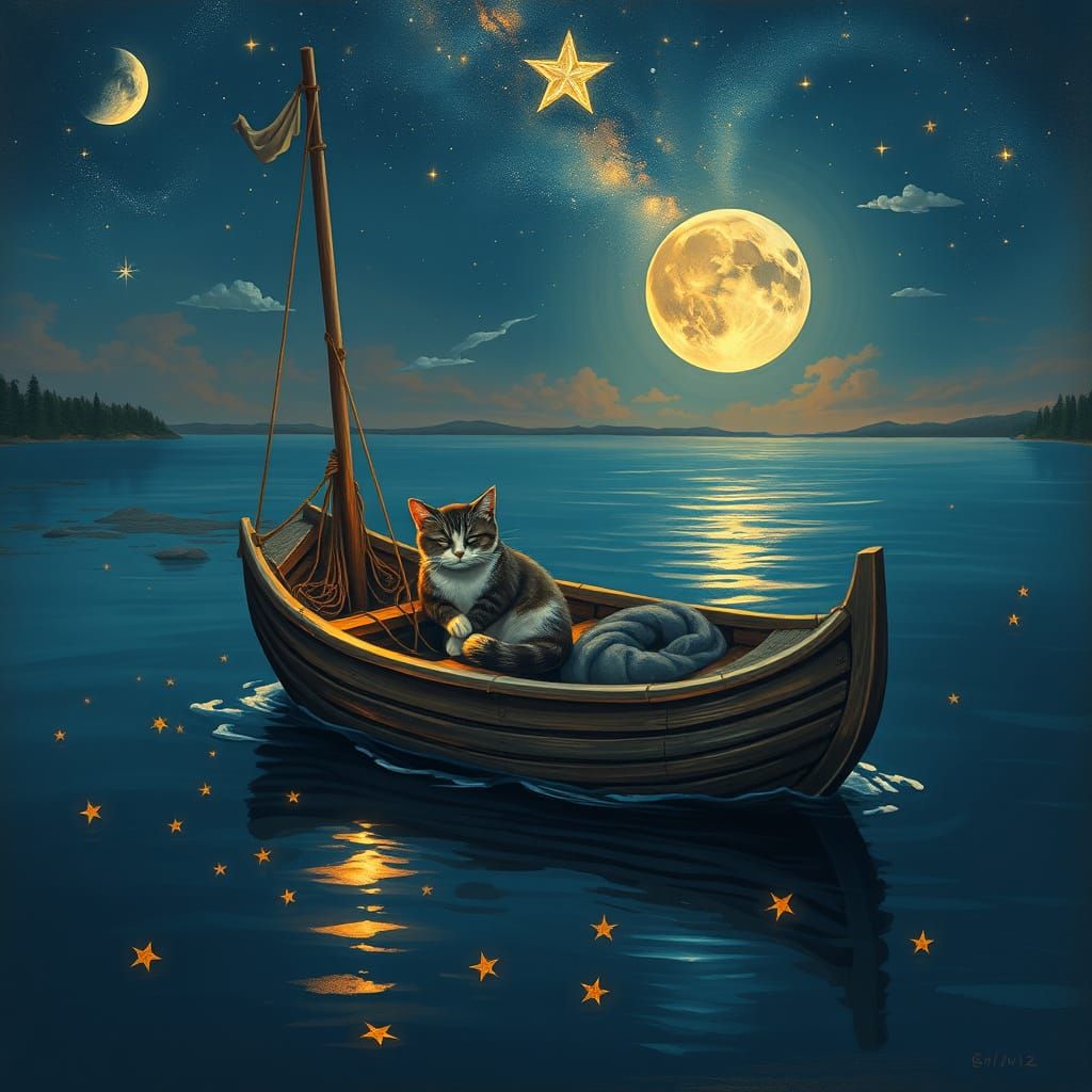 Boat Sails Starry Lake: Romantic Oil Painting