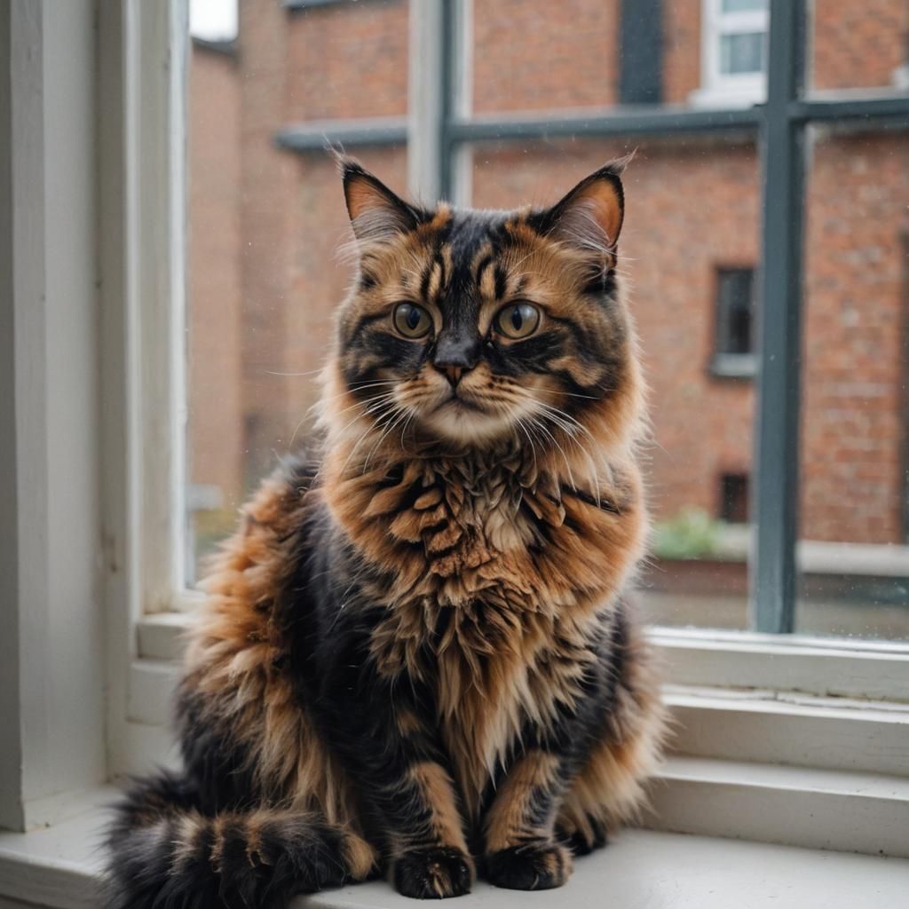 Whimsical Feline Windowsill Scene in Watercolor Style