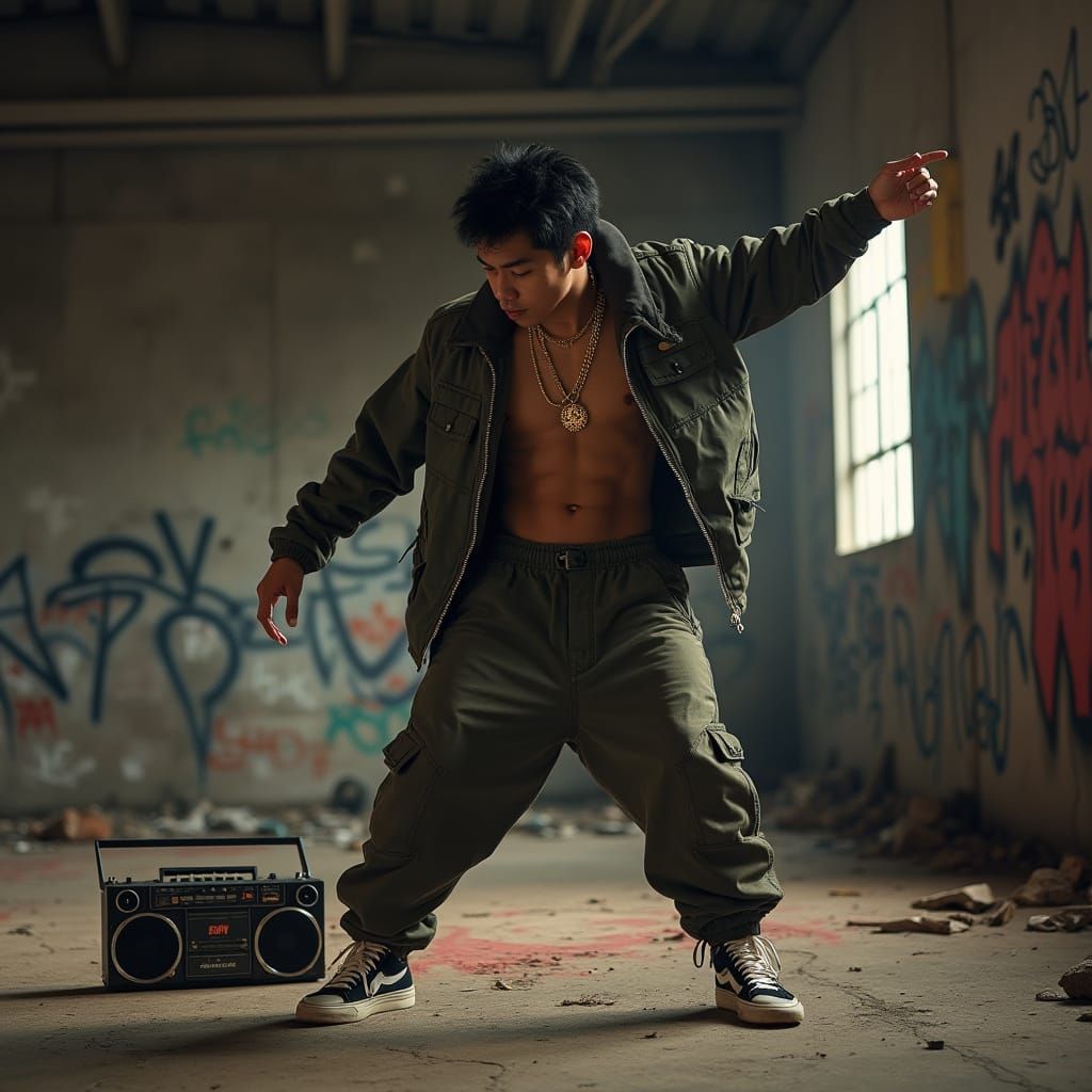 Asian American Man Dancing in Graffiti Warehouse