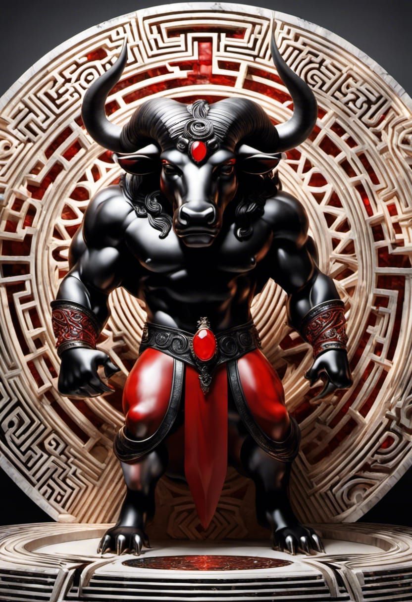 Hyperdetailed Marble Minotaur in Maze With Precious Stones