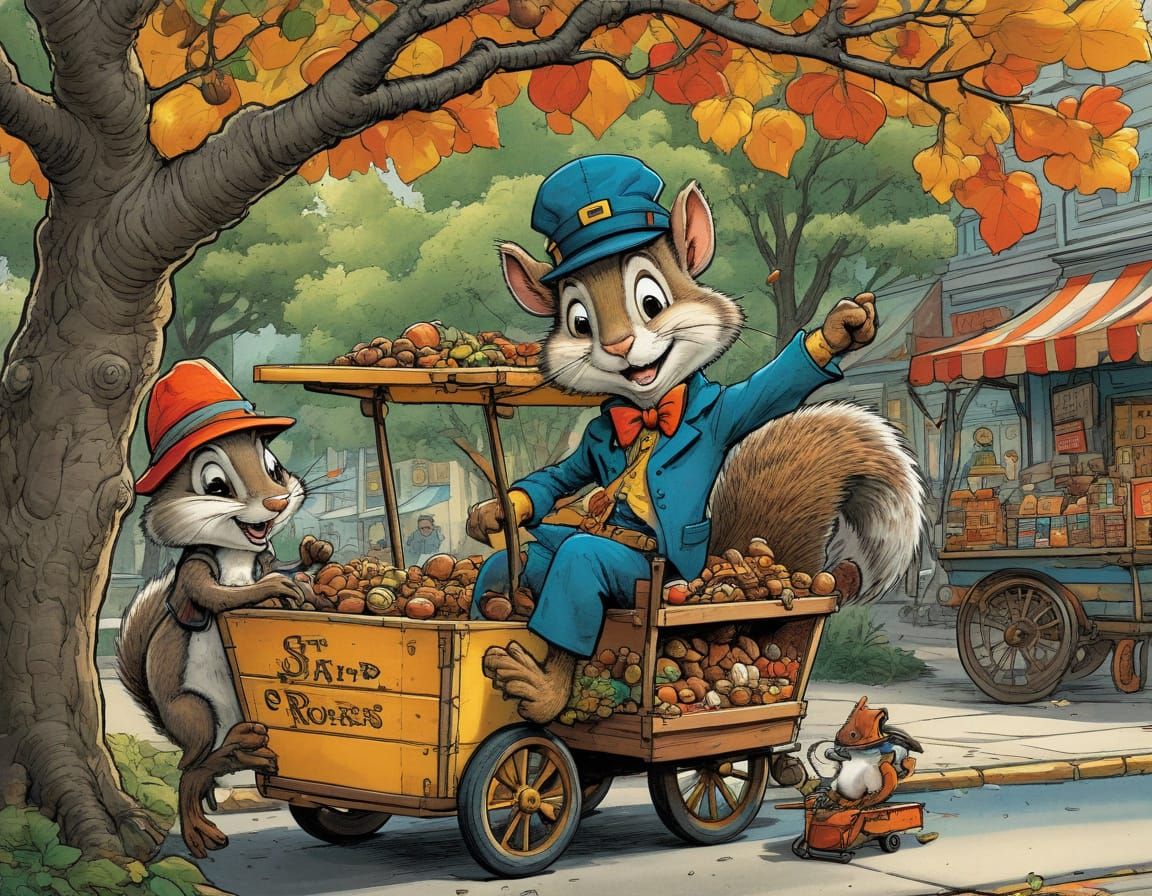Cartoon Squirrel Stealing Nuts, Whimsical Illustration