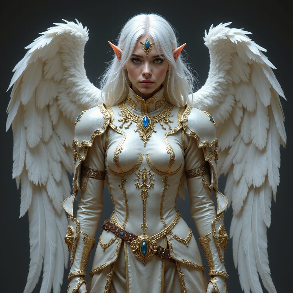 Regal Celestial Warrior in Ornate White and Gold Armor