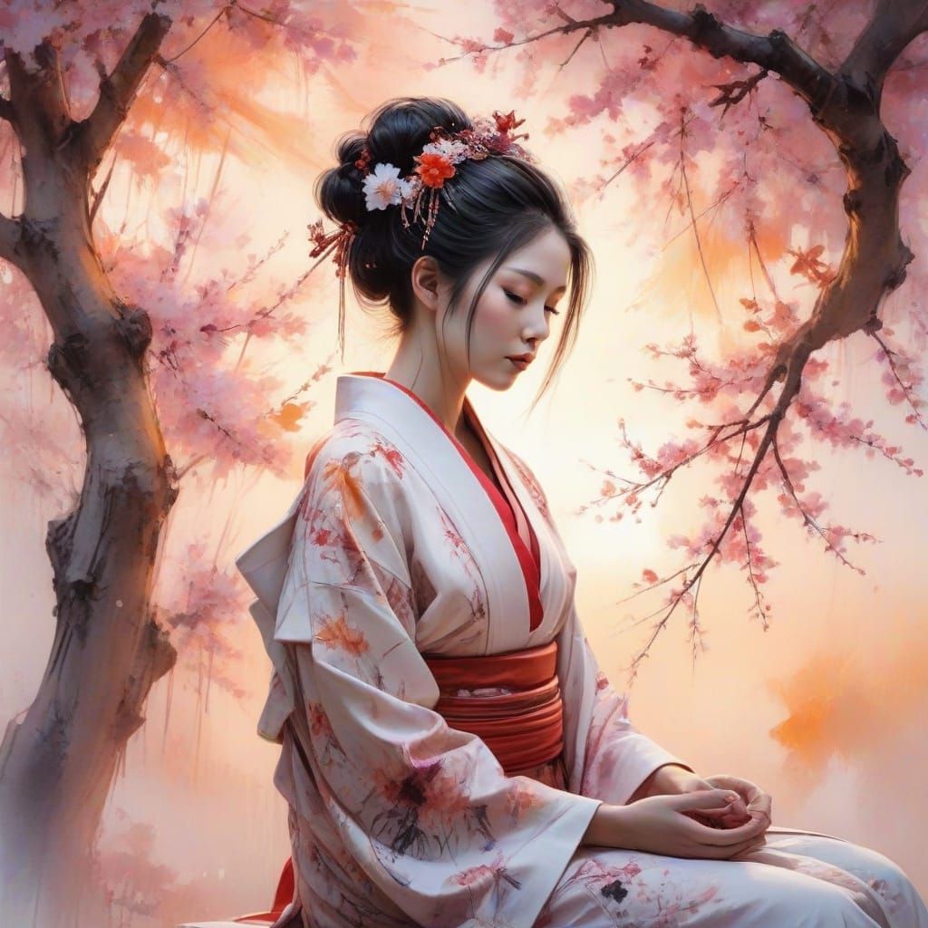 Ethereal Geisha in Watercolour Harmony