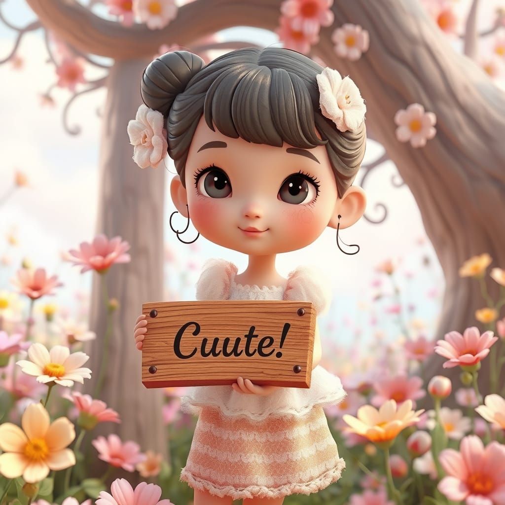 Ethereal Girl Holds Wooden Table in Surreal Floral Wonderlan...