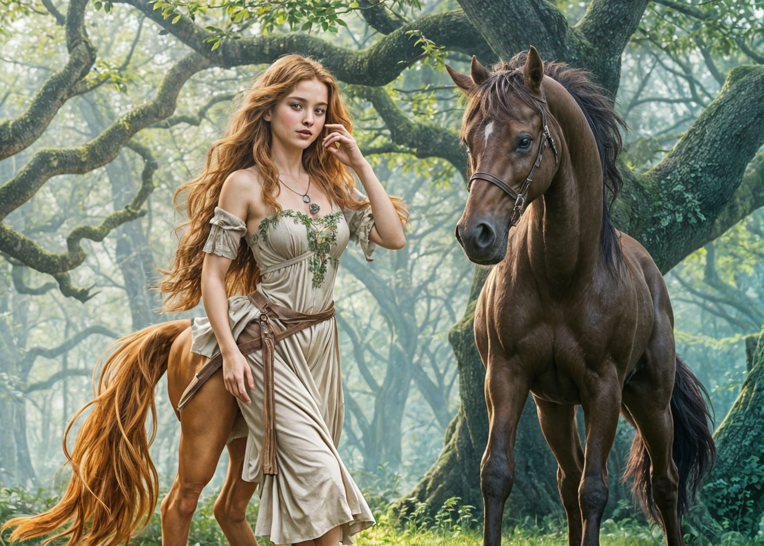 Serene Woodland Scene with Centaur and Unicorn