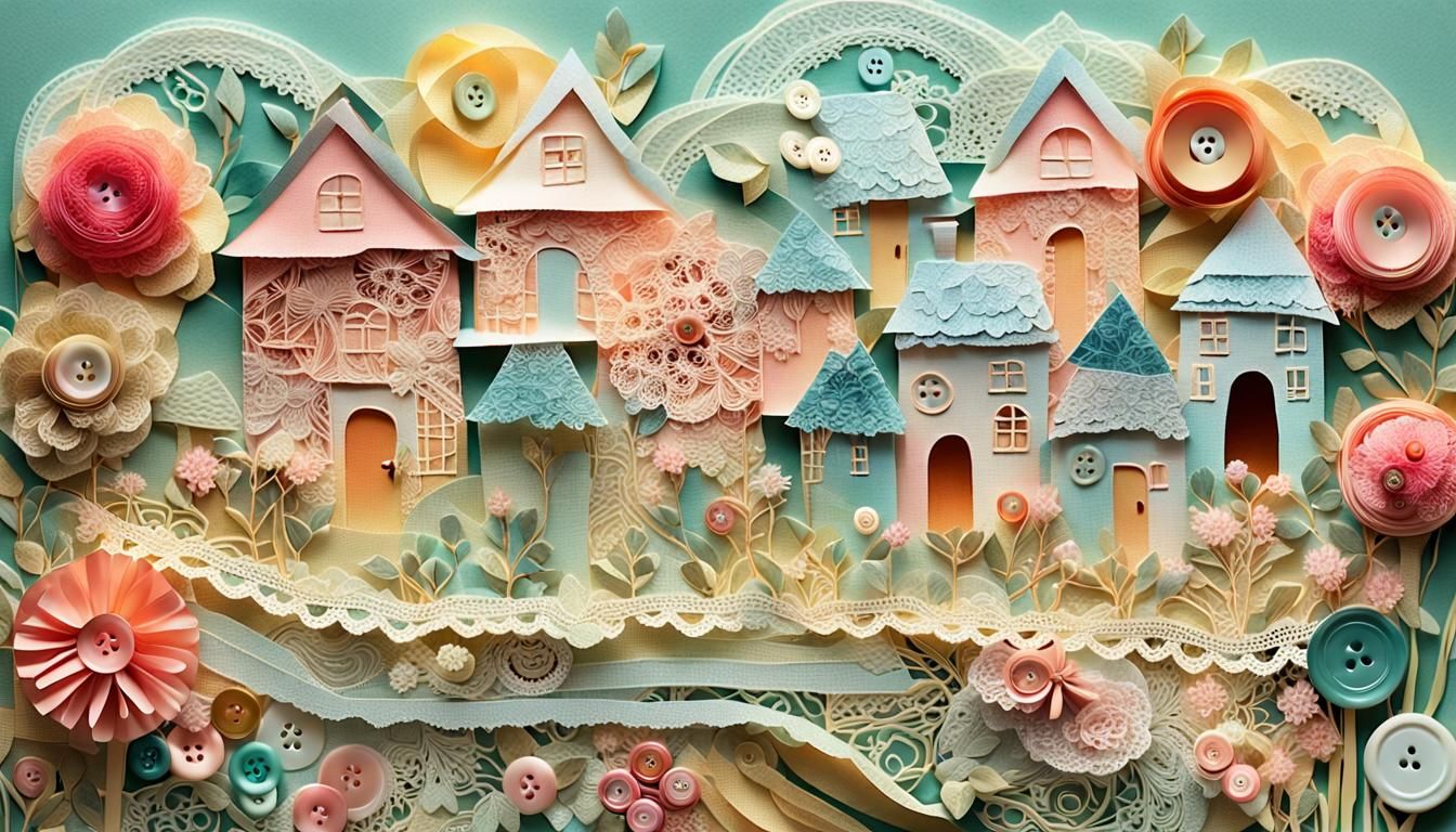 Lace and Ribbon Village: A Collage Art Masterpiece