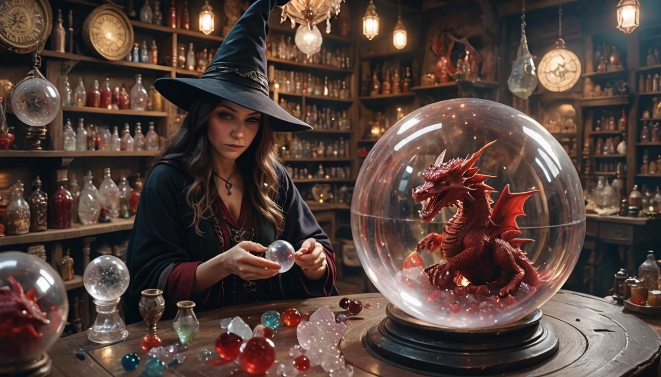 Witches in Crystal Ball Shop: Hyperrealistic 3D Render