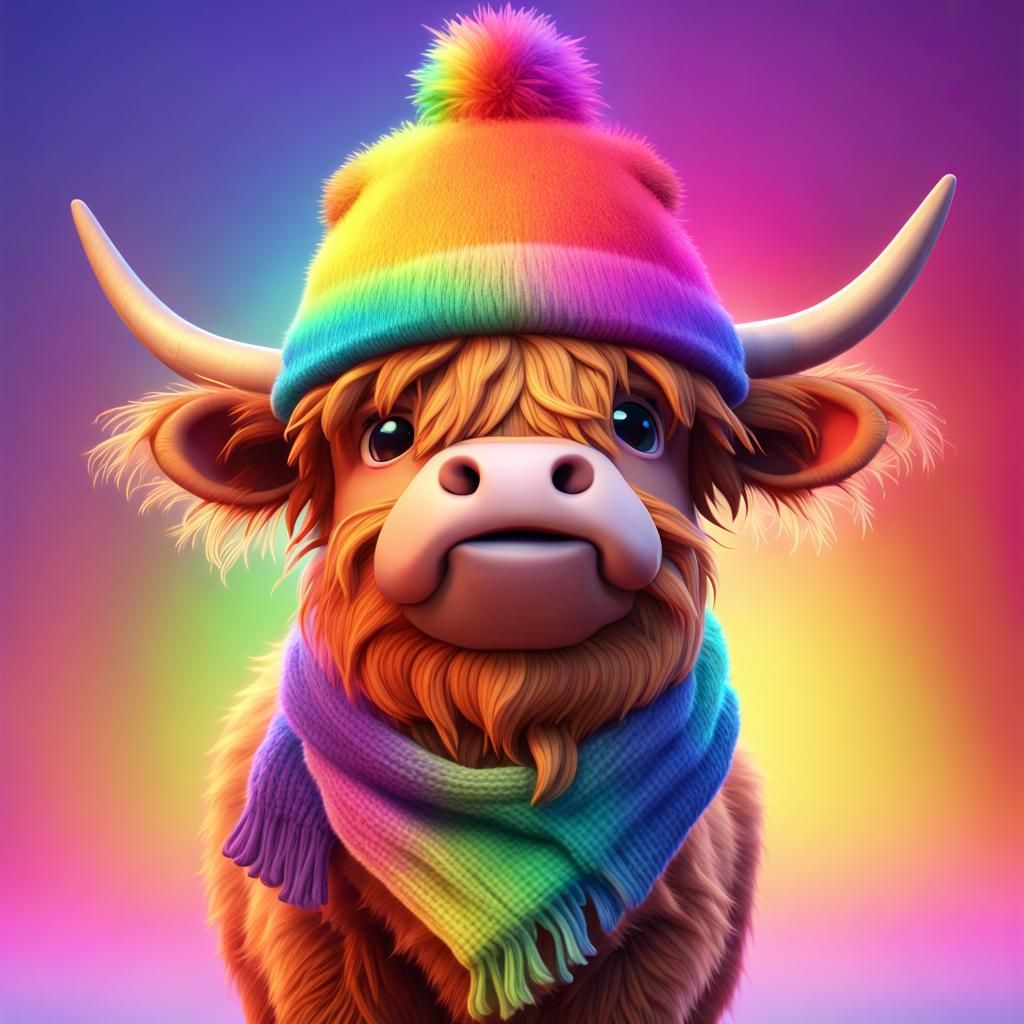 Rainbow Highland Cow in 3D Digital Art