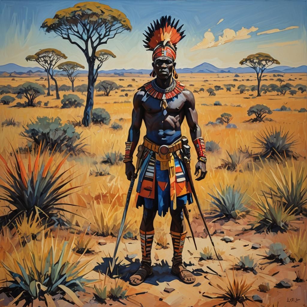 Zulu Warrior in Savannah: Fauvist Painting